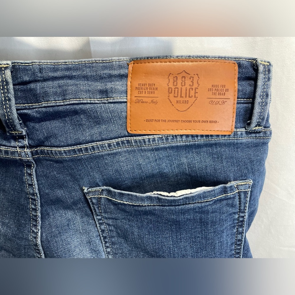 883 Police Jeans Mens W34 L30 Blue Moriarty Biker Distressed Denim Slim Stretch